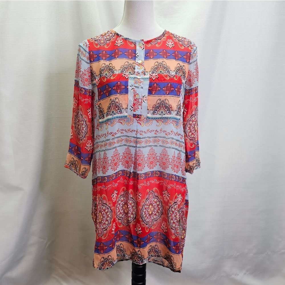 Fig and Flower Mixed Patterned Tunic Blouse Size Small